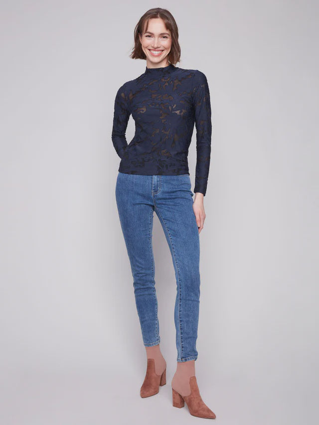 Charlie B Long Slv Burnout Mesh Top C1404