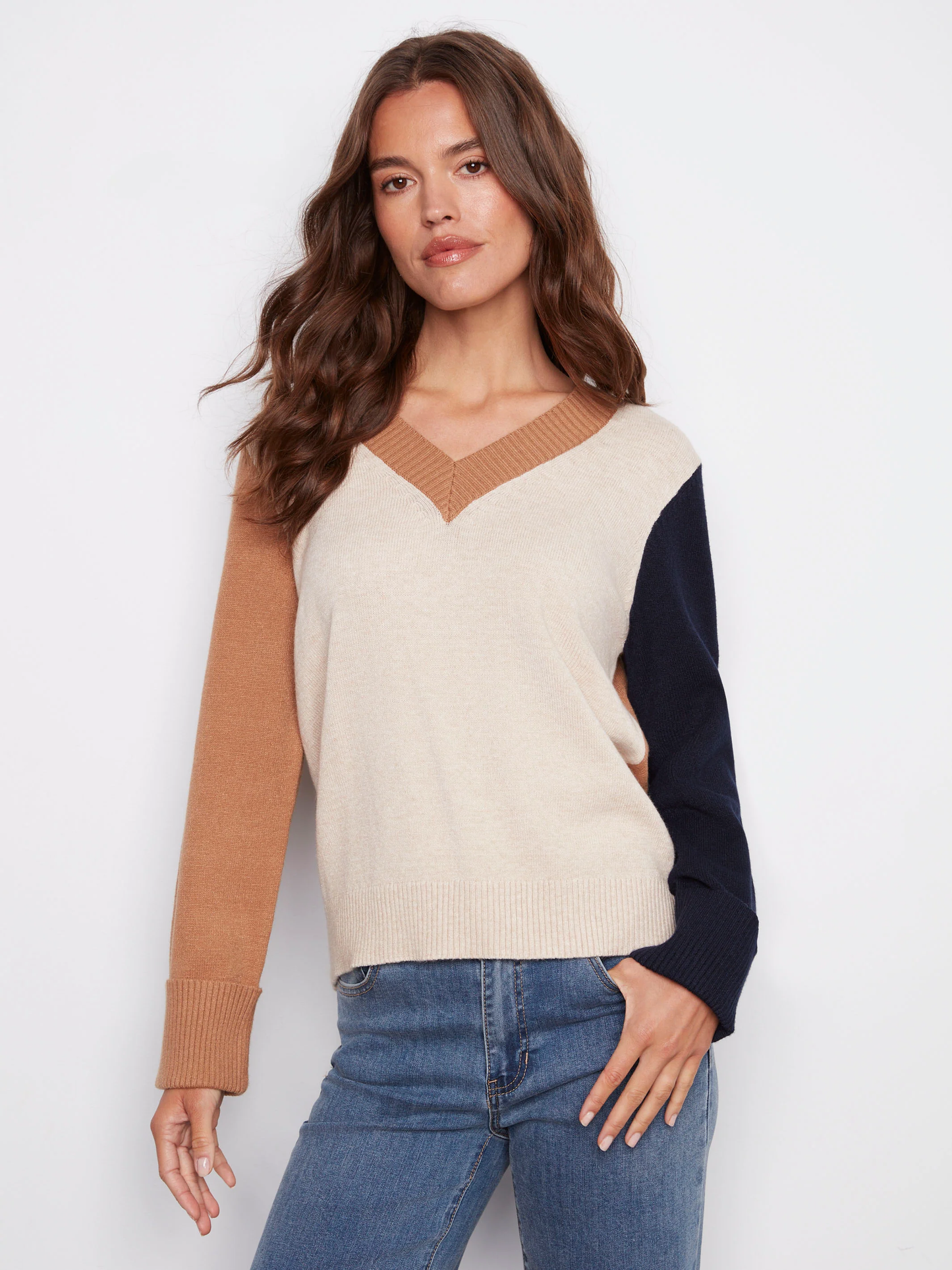 Charlie B Colorblock V-Neck Sweater C2853-736A