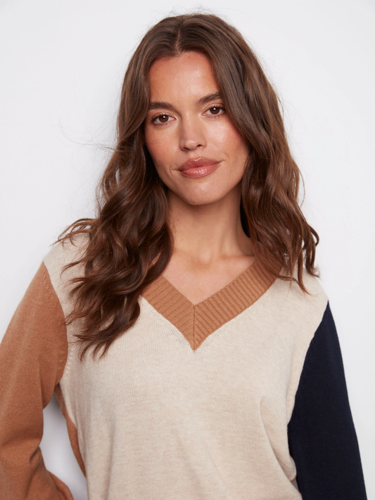 Charlie B Colorblock V-Neck Sweater C2853-736A