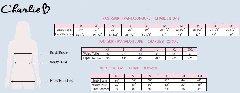 Size chart for Charlie B clothing with measurements in centimeters and inches.