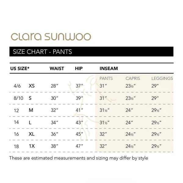Clara Sunwoo size chart for pants on a white background