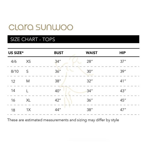 Clara Sunwoo size chart for tops on a white background