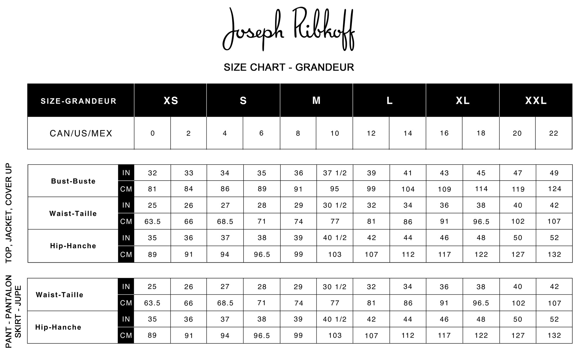 Size chart for clothing measurements by Joseph Ribkoff with black text on a white background.