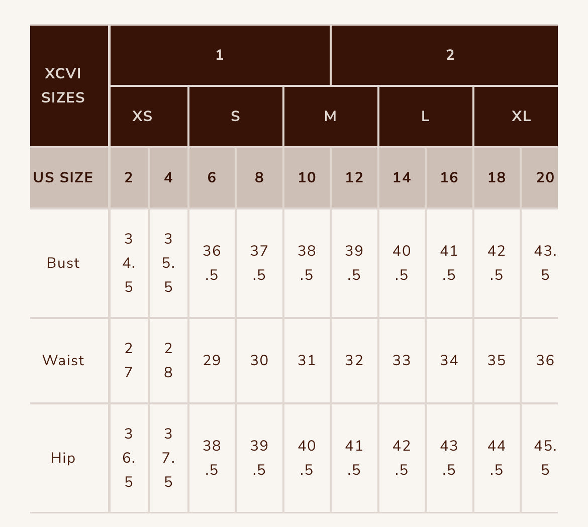 Size chart comparing XCVI sizes to US sizes for bust, waist, and hip measurements.