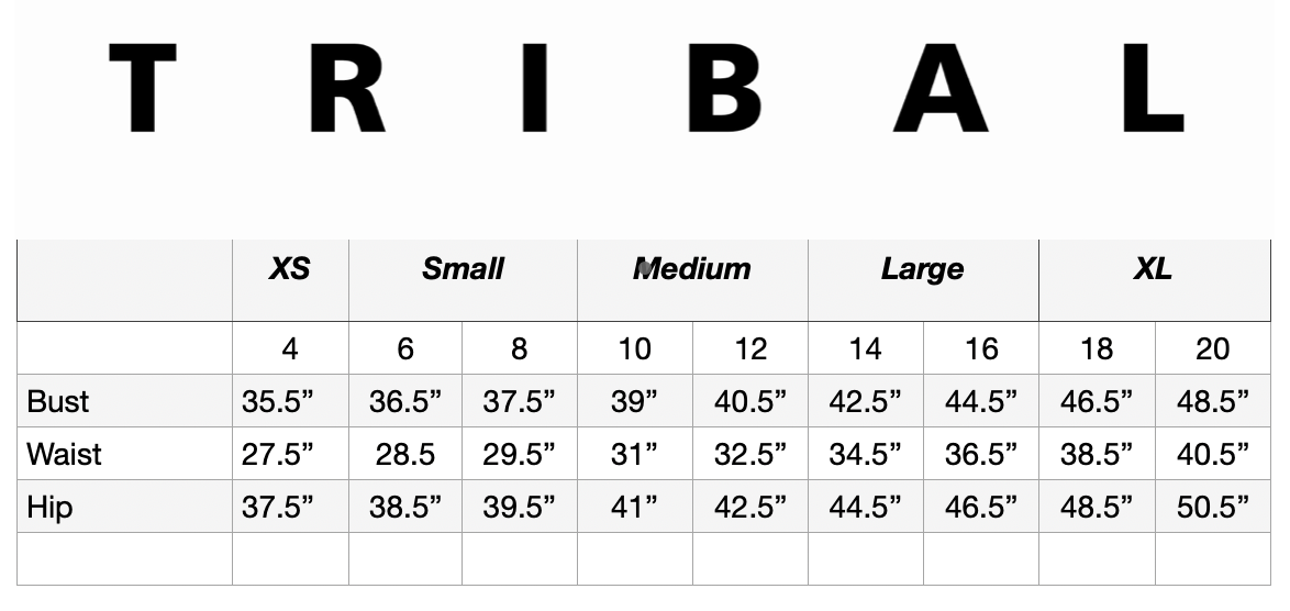 Tribal size chart with measurements for bust, waist, and hip on a white background.