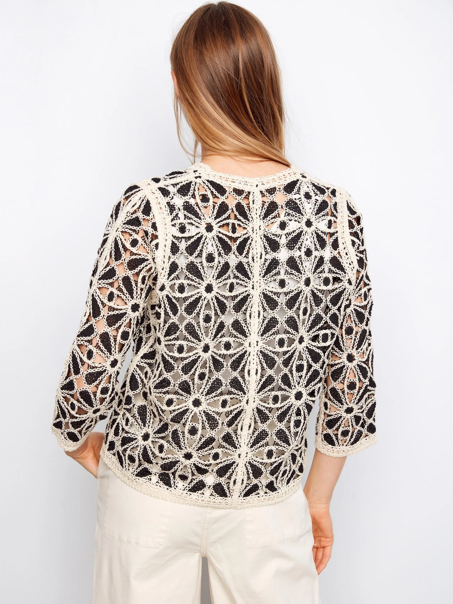 3/4 Sleeve Crochet V Neck Cardigan C2981/614C