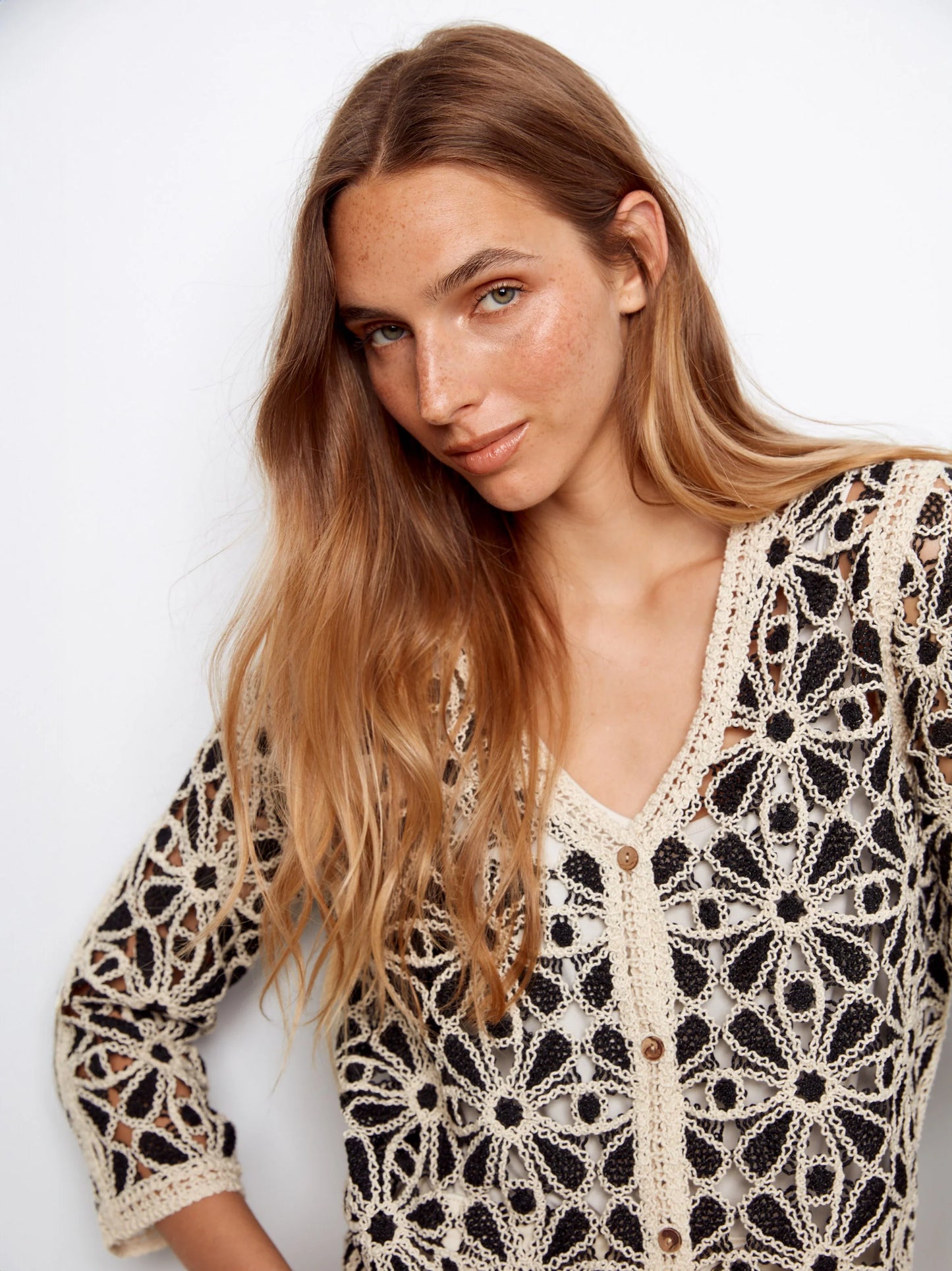 3/4 Sleeve Crochet V Neck Cardigan C2981/614C