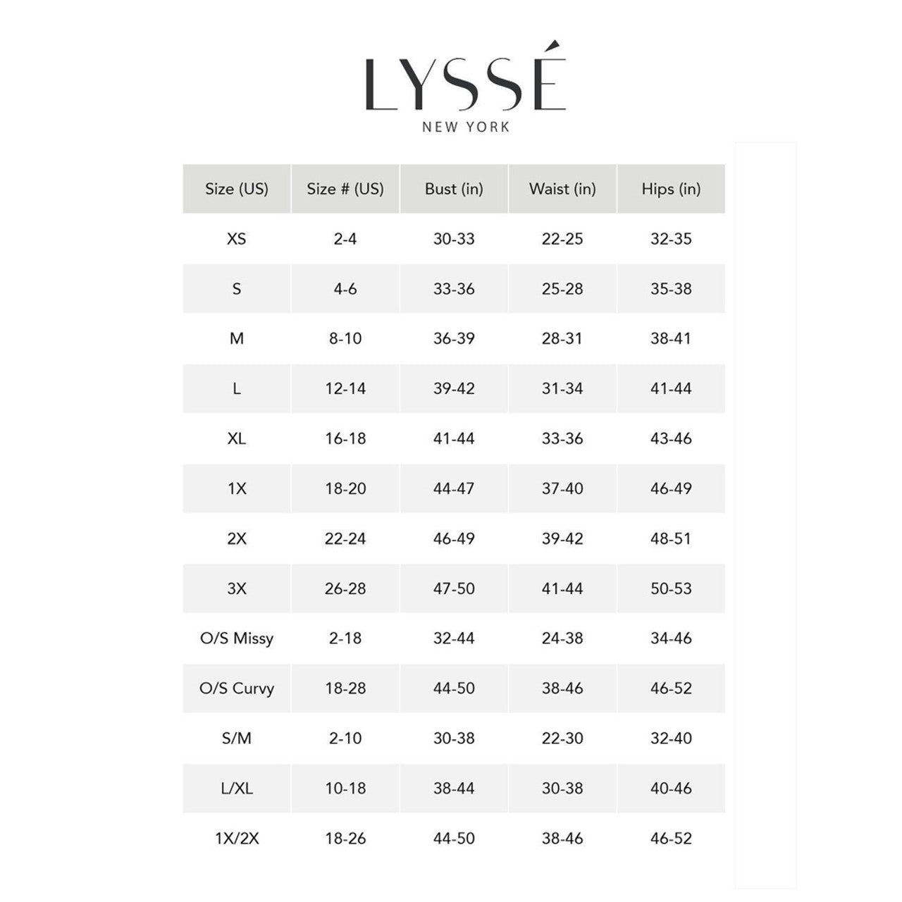LYSSE size chart on a white background